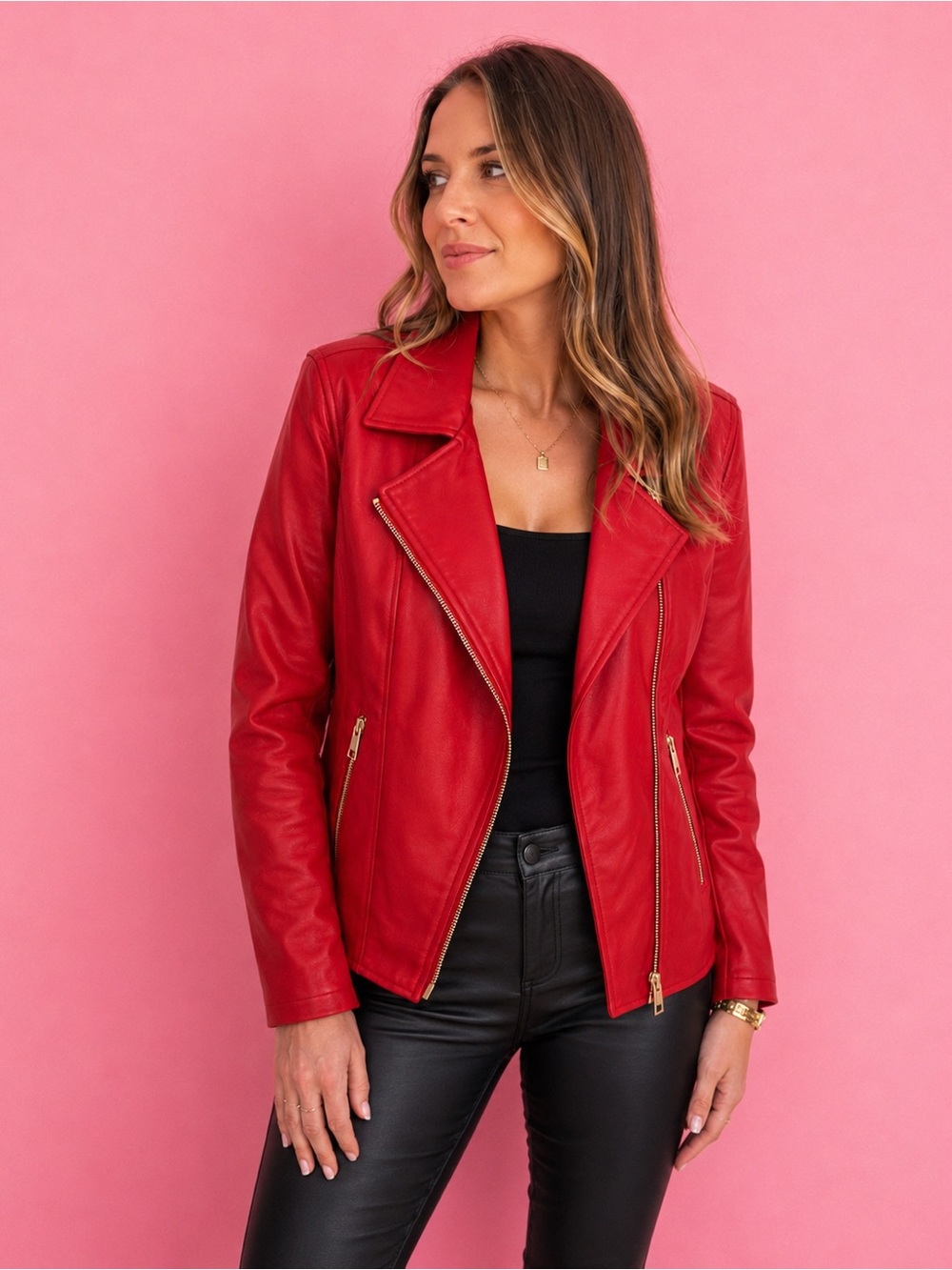 Tahari Red Leather Moto-Style Jacket with Zip Details